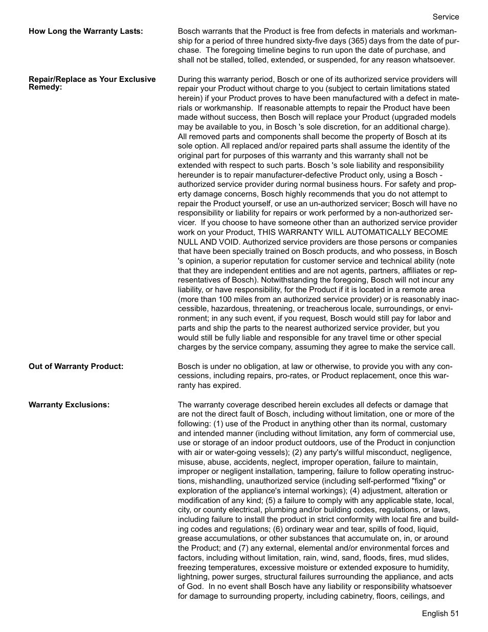How long the warranty lasts, Repair/replace as your exclusive remedy, Out of warranty product | Warranty exclusions | Bosch HDI7282U User Manual | Page 53 / 56