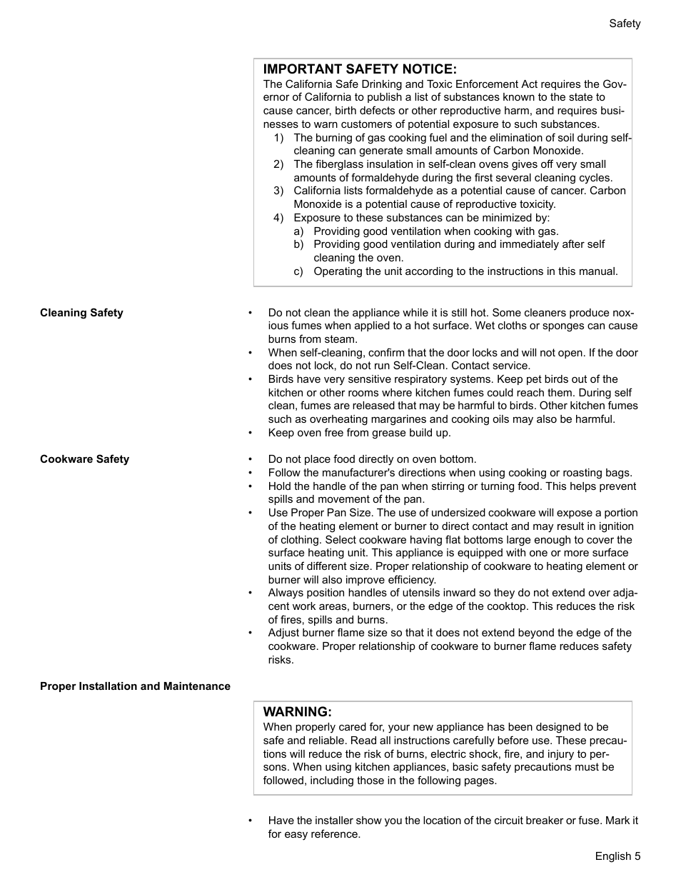 Cleaning safety, Cookware safety, Proper installation and maintenance | Bosch HDI7282U User Manual | Page 7 / 56