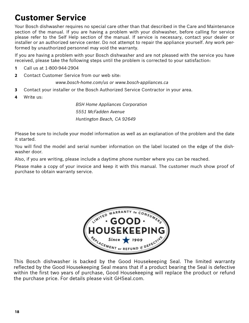 Customer service, 1 call us at 1-800-944-2904, 2 contact customer service from our web site | 4 write us | Bosch SHX3AR55UC User Manual | Page 20 / 64