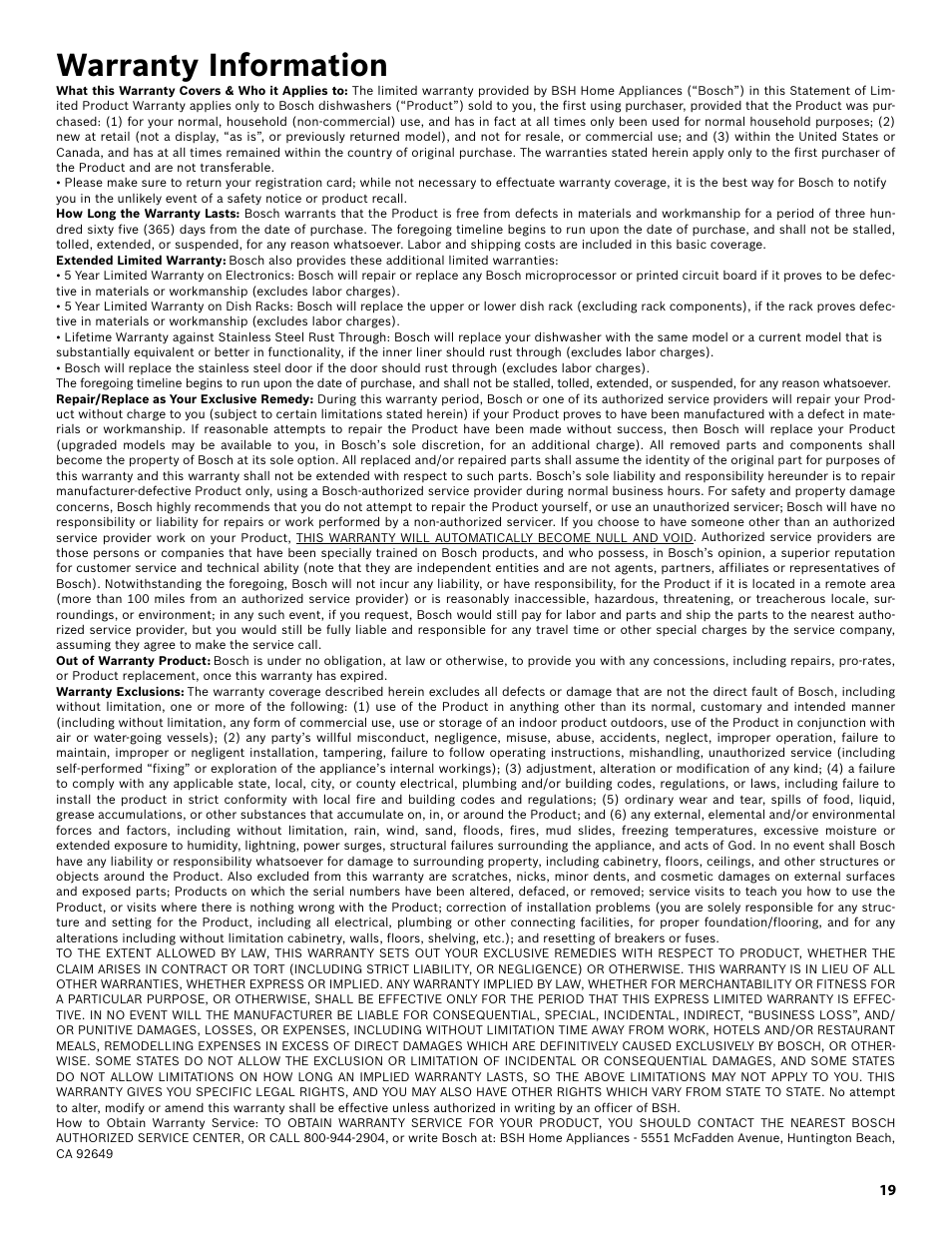 Warranty information | Bosch SHX3AR55UC User Manual | Page 21 / 64