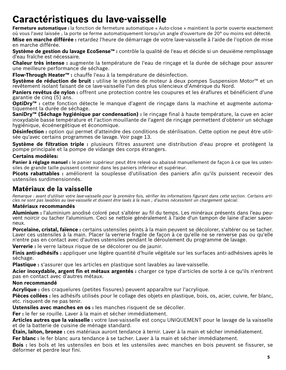 Caractéristiques du lave-vaisselle, Certains modèles, Matériaux de la vaisselle | Matériaux recommandés, Non recommandé | Bosch SHX3AR55UC User Manual | Page 27 / 64