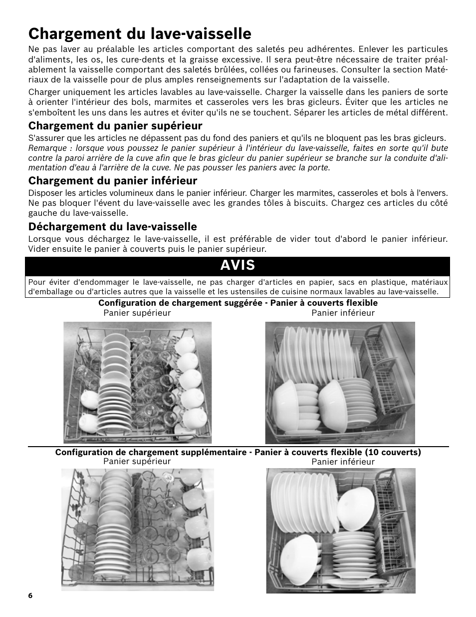 Chargement du lave-vaisselle, Chargement du panier supérieur, Chargement du panier inférieur | Déchargement du lave-vaisselle, Avis | Bosch SHX3AR55UC User Manual | Page 28 / 64