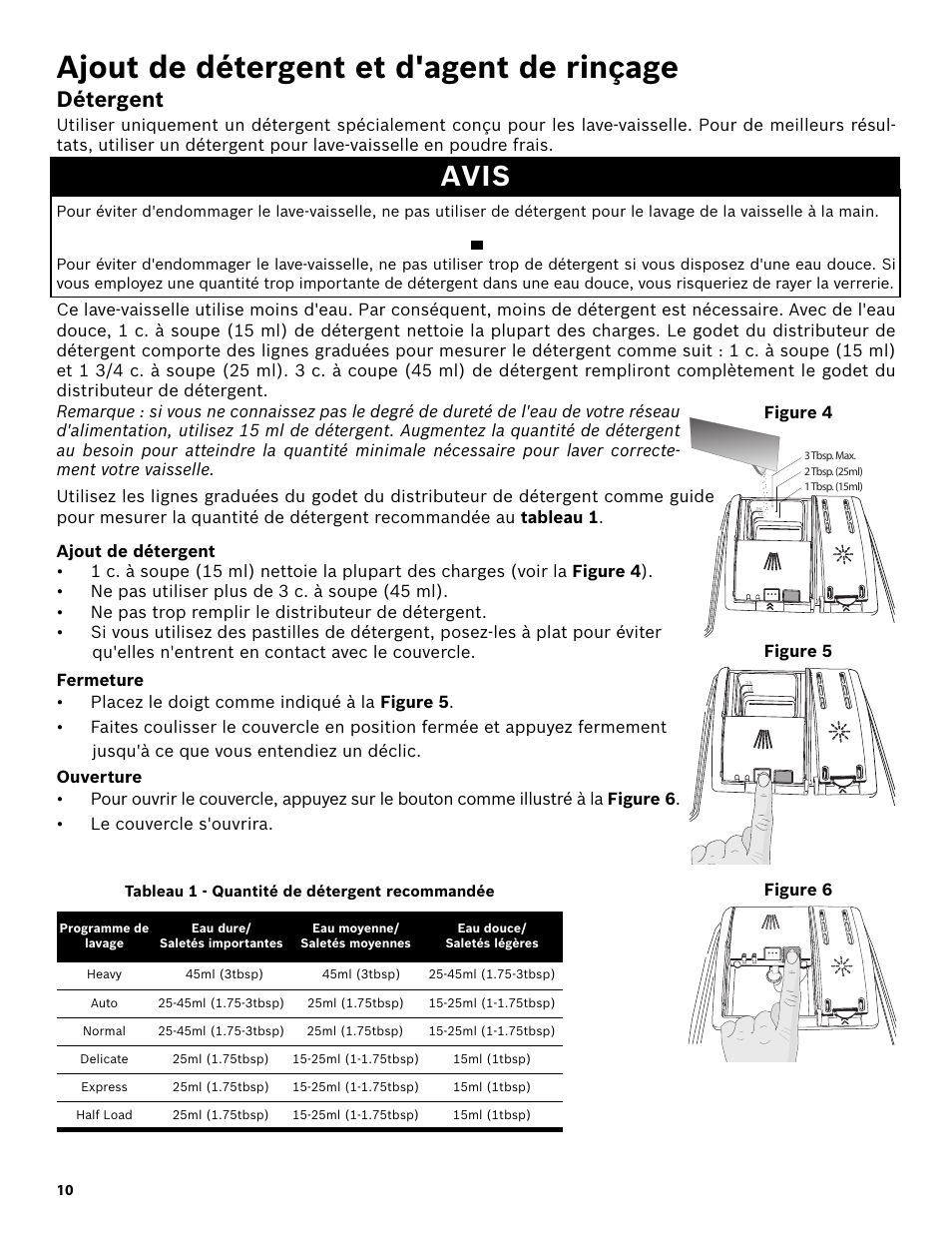 Ajout de détergent et d'agent de rinçage, Détergent, Avis | Ajout de détergent, Fermeture, Ouverture, Tableau 1 - quantité de détergent recommandée | Bosch SHX3AR55UC User Manual | Page 32 / 64