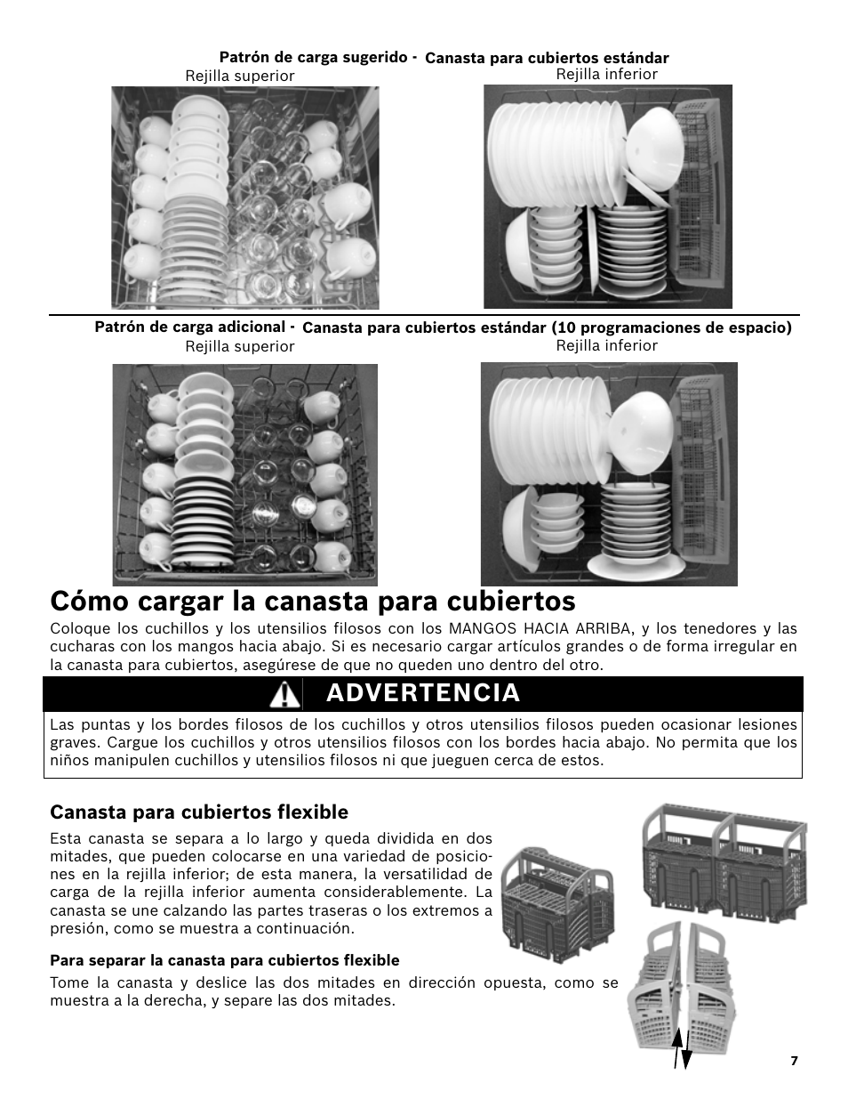 Cómo cargar la canasta para cubiertos, Advertencia, Canasta para cubiertos flexible | Para separar la canasta para cubiertos flexible | Bosch SHX3AR55UC User Manual | Page 49 / 64