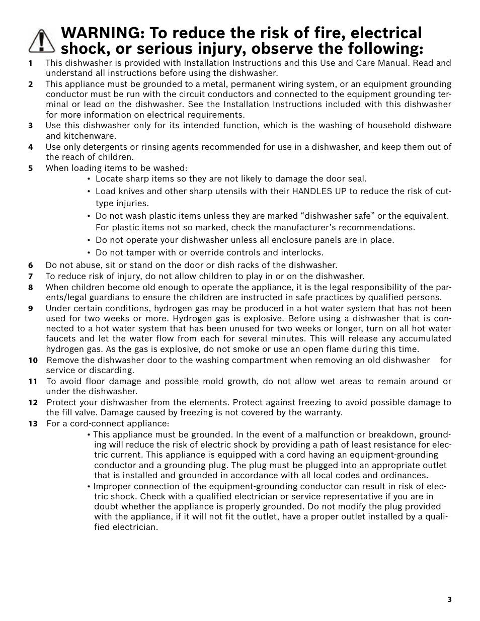 5 when loading items to be washed, 13 for a cord-connect appliance | Bosch SHX3AR55UC User Manual | Page 5 / 64