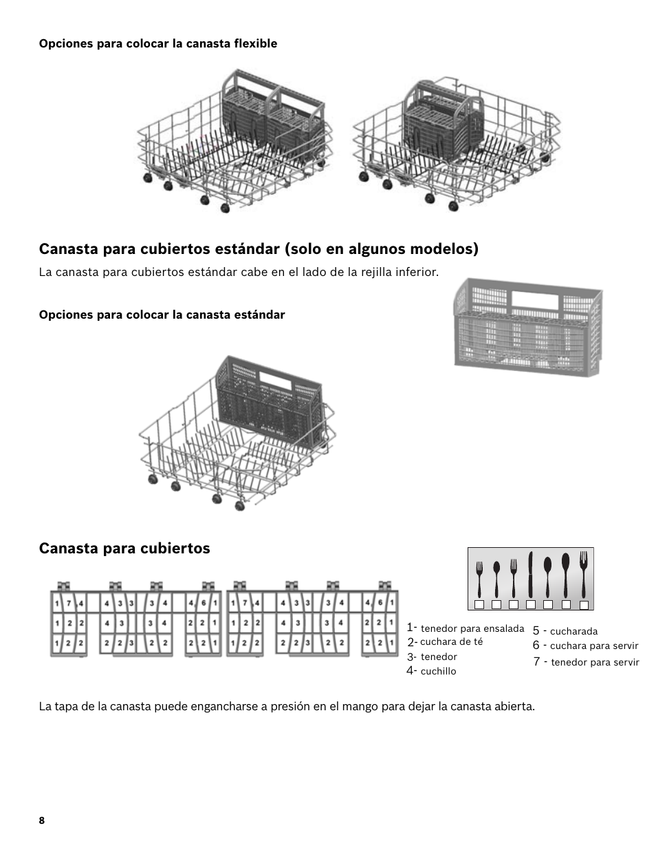 Opciones para colocar la canasta flexible, Opciones para colocar la canasta estándar, Canasta para cubiertos | Bosch SHX3AR55UC User Manual | Page 50 / 64