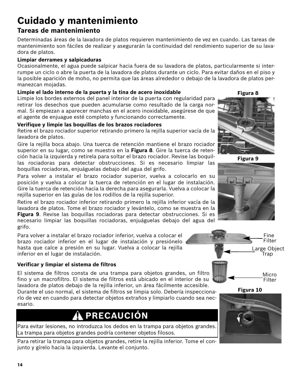 Cuidado y mantenimiento, Tareas de mantenimiento, Limpiar derrames y salpicaduras | Verificar y limpiar el sistema de filtros, Precaución | Bosch SHX3AR55UC User Manual | Page 56 / 64