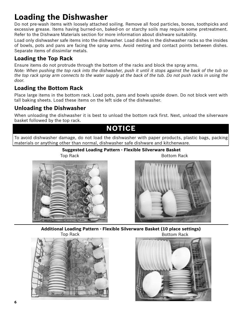 Loading the dishwasher, Loading the top rack, Loading the bottom rack | Unloading the dishwasher, Notice | Bosch SHX3AR55UC User Manual | Page 8 / 64