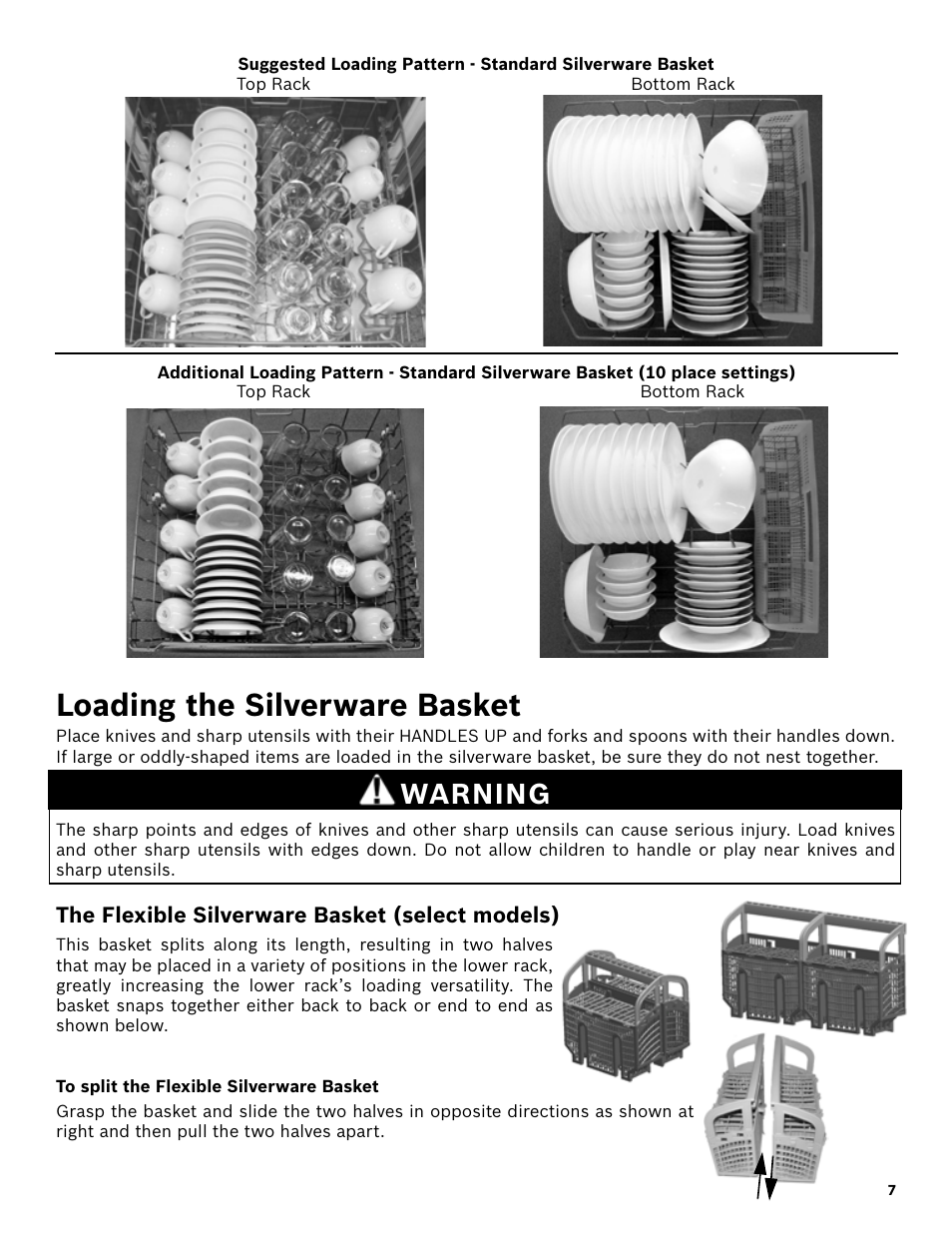 Loading the silverware basket, Warning, The flexible silverware basket (select models) | To split the flexible silverware basket | Bosch SHX3AR55UC User Manual | Page 9 / 64