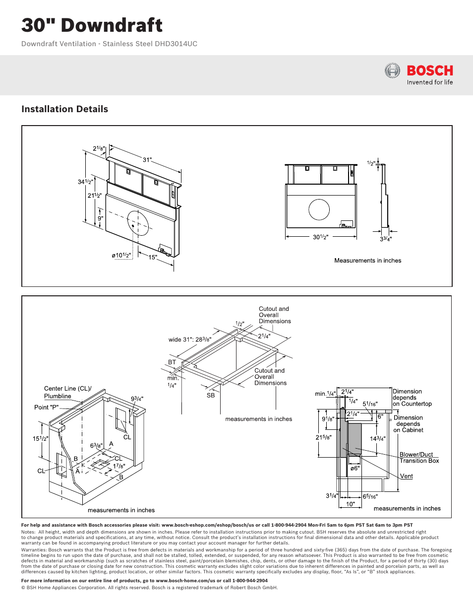 30" downdraft, Installation details | Bosch DHD3014UC User Manual | Page 2 / 2