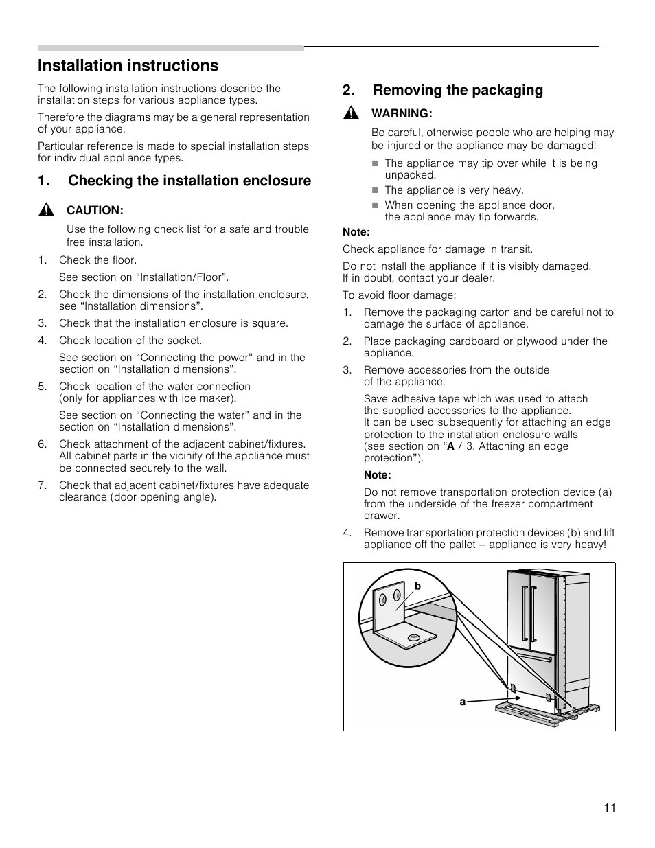 Installation instructions, Checking the installation enclosure, Removing the packaging | Bosch B36BT830NS User Manual | Page 11 / 64