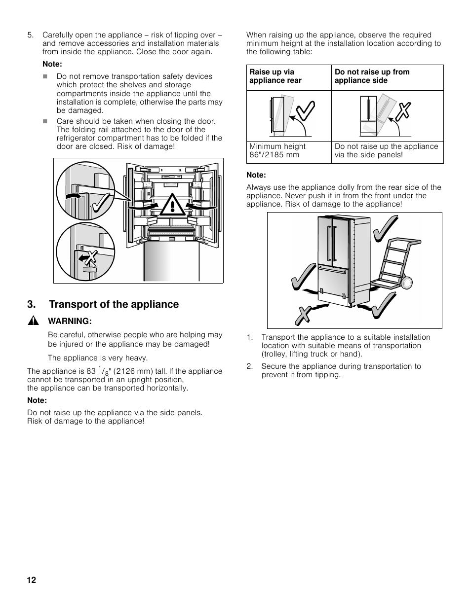 Transport of the appliance | Bosch B36BT830NS User Manual | Page 12 / 64