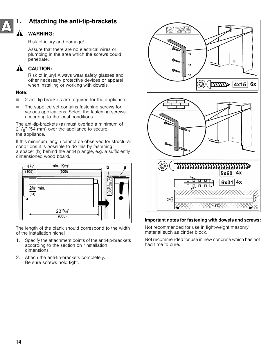 Attaching the anti-tip-brackets | Bosch B36BT830NS User Manual | Page 14 / 64