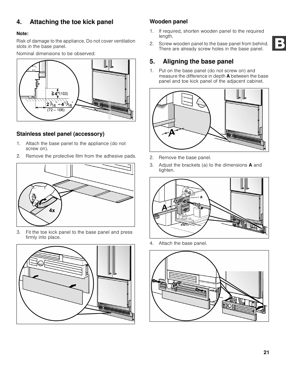 Attaching the toe kick panel, Aligning the base panel | Bosch B36BT830NS User Manual | Page 21 / 64