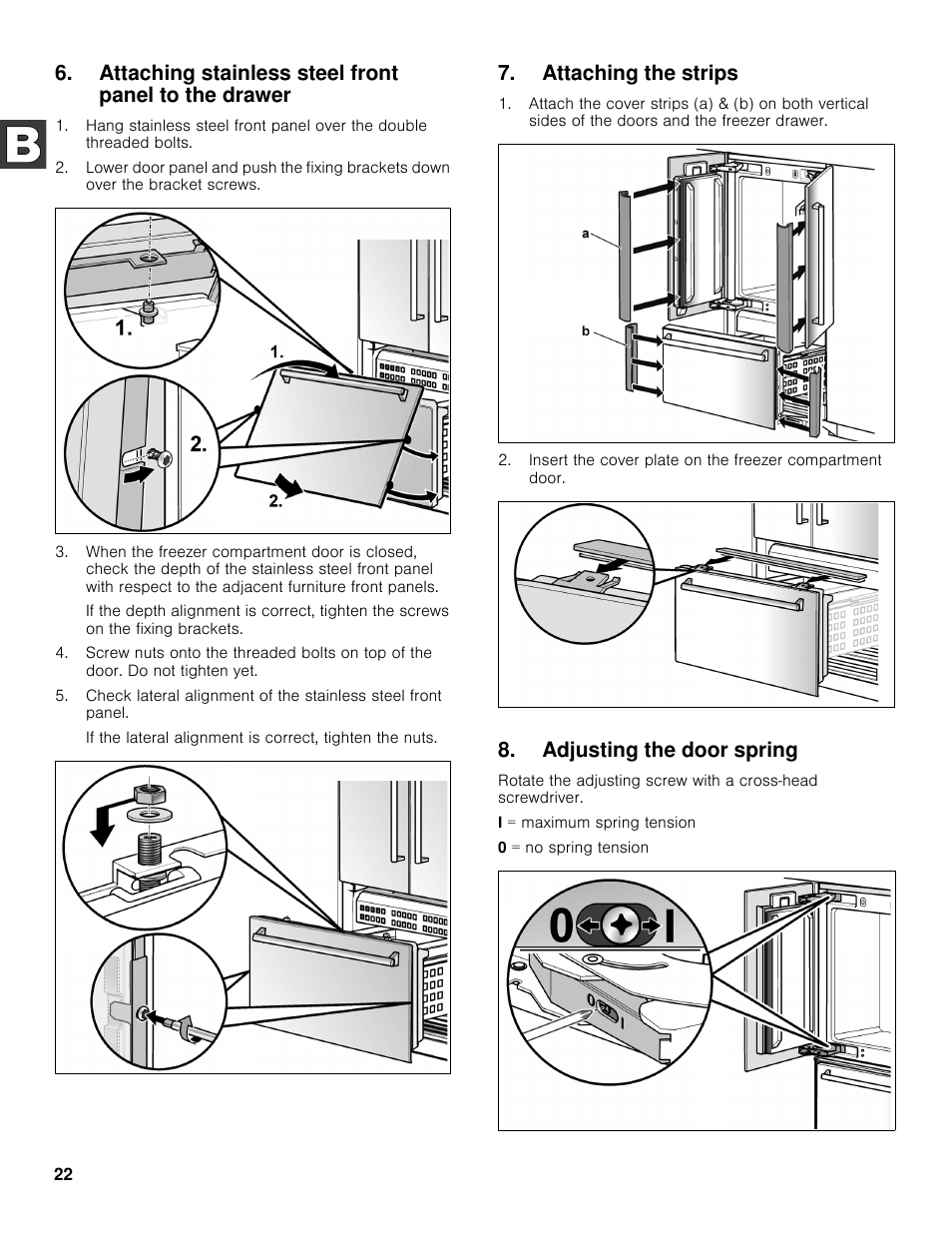 Attaching the strips, Adjusting the door spring | Bosch B36BT830NS User Manual | Page 22 / 64