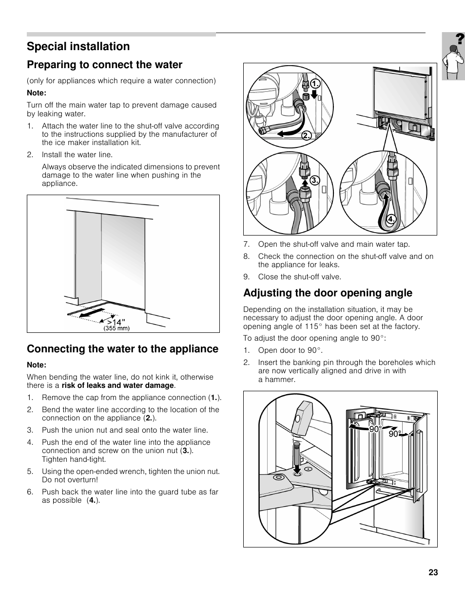 Special installation, Preparing to connect the water, Connecting the water to the appliance | Adjusting the door opening angle | Bosch B36BT830NS User Manual | Page 23 / 64