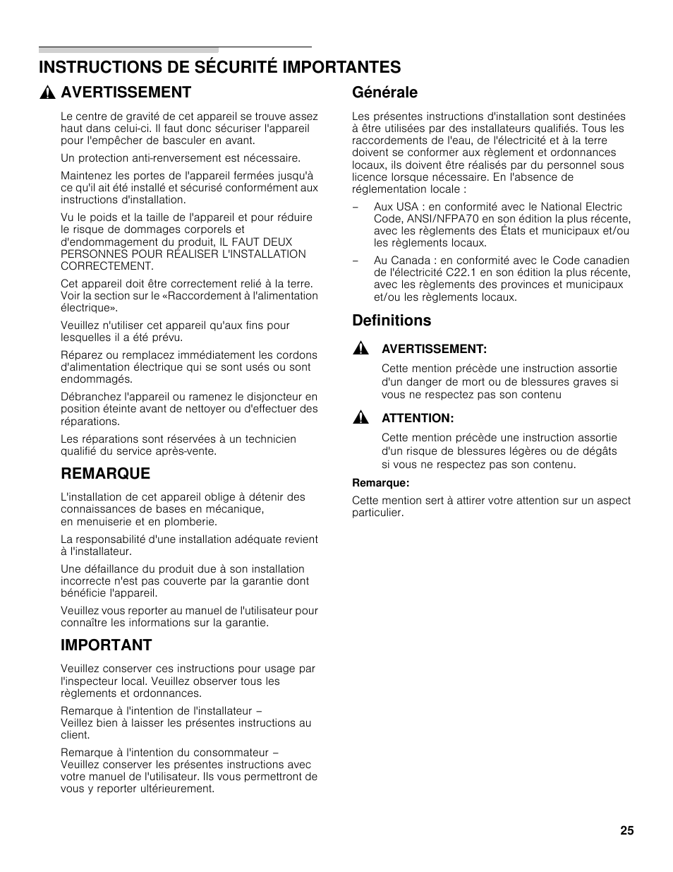 Instructions de sécurité importantes, Avertissement, Remarque | Important, Générale, Definitions | Bosch B36BT830NS User Manual | Page 25 / 64