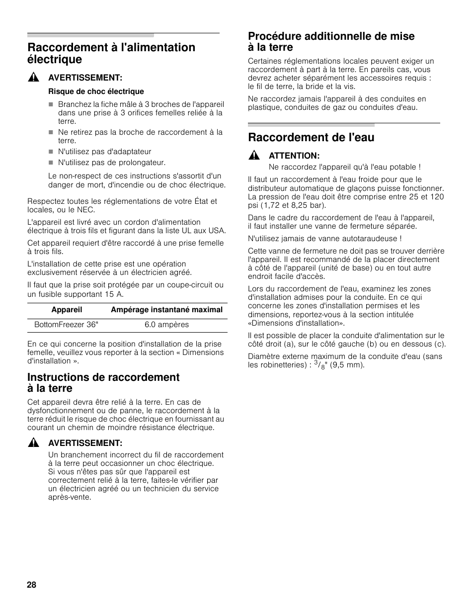 Raccordement à l'alimentation électrique, Raccordement de l'eau, Instructions de raccordement à la terre | Procédure additionnelle de mise à la terre | Bosch B36BT830NS User Manual | Page 28 / 64