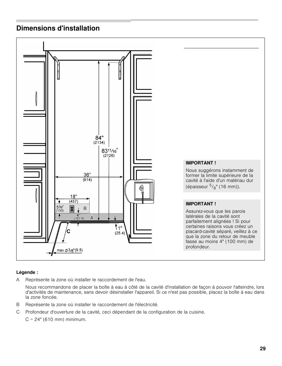 Dimensions d'installation | Bosch B36BT830NS User Manual | Page 29 / 64