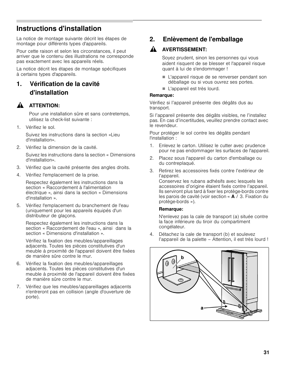 Instructions d'installation, Vérification de la cavité d'installation, Enlèvement de l'emballage | Bosch B36BT830NS User Manual | Page 31 / 64