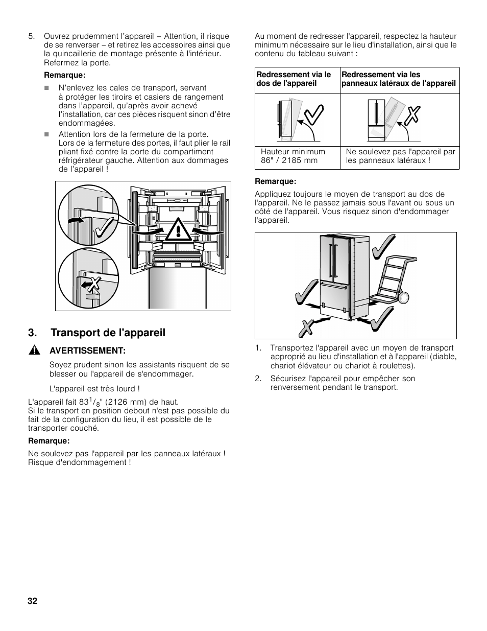 Transport de l'appareil | Bosch B36BT830NS User Manual | Page 32 / 64