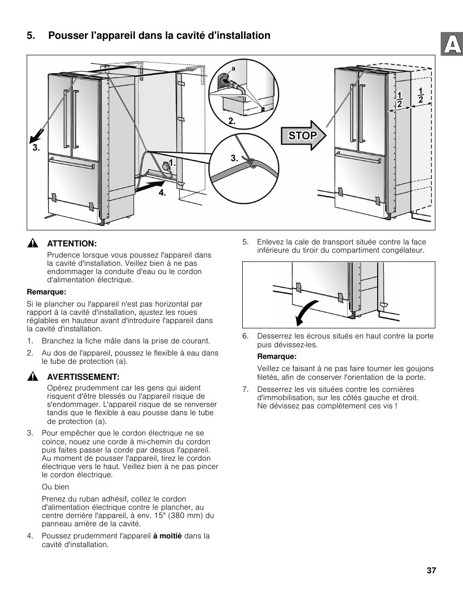 Pousser l'appareil dans la cavité d'installation | Bosch B36BT830NS User Manual | Page 37 / 64