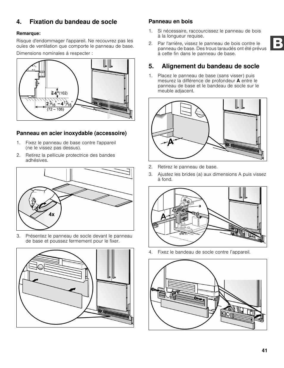 Fixation du bandeau de socle, Alignement du bandeau de socle | Bosch B36BT830NS User Manual | Page 41 / 64