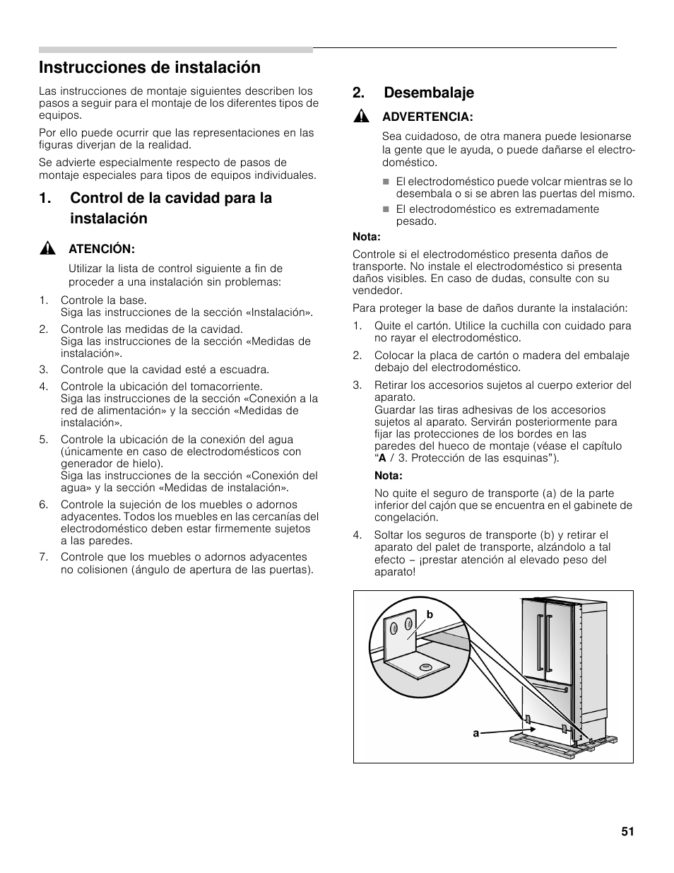 Instrucciones de instalación, Control de la cavidad para la instalación, Desembalaje | Bosch B36BT830NS User Manual | Page 51 / 64