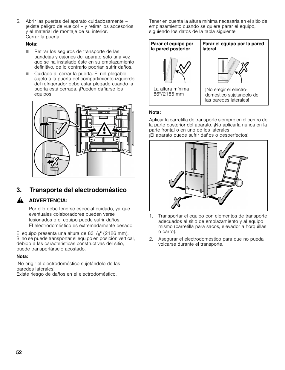 Transporte del electrodoméstico | Bosch B36BT830NS User Manual | Page 52 / 64