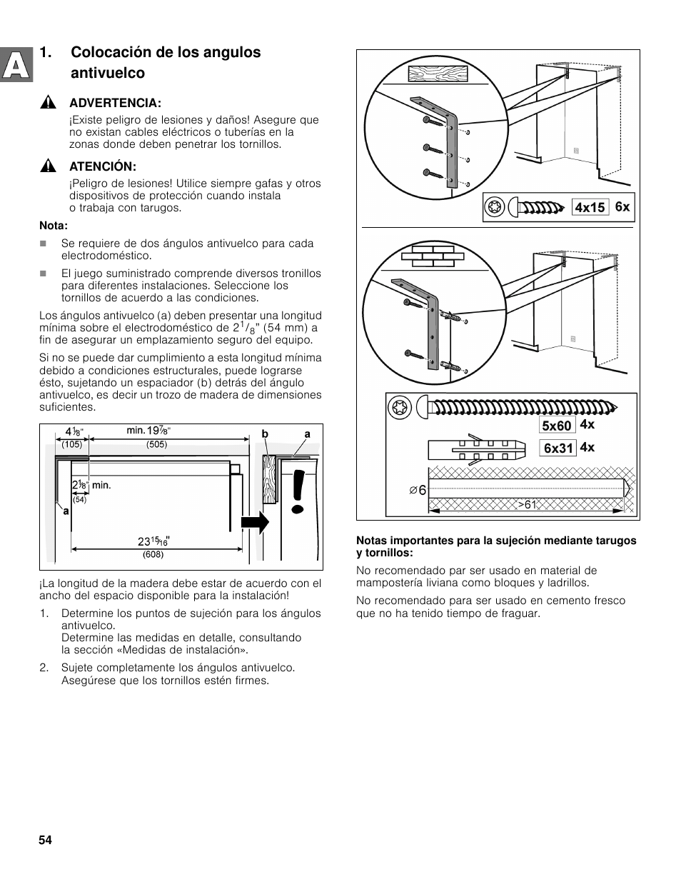 Colocación de los angulos antivuelco | Bosch B36BT830NS User Manual | Page 54 / 64