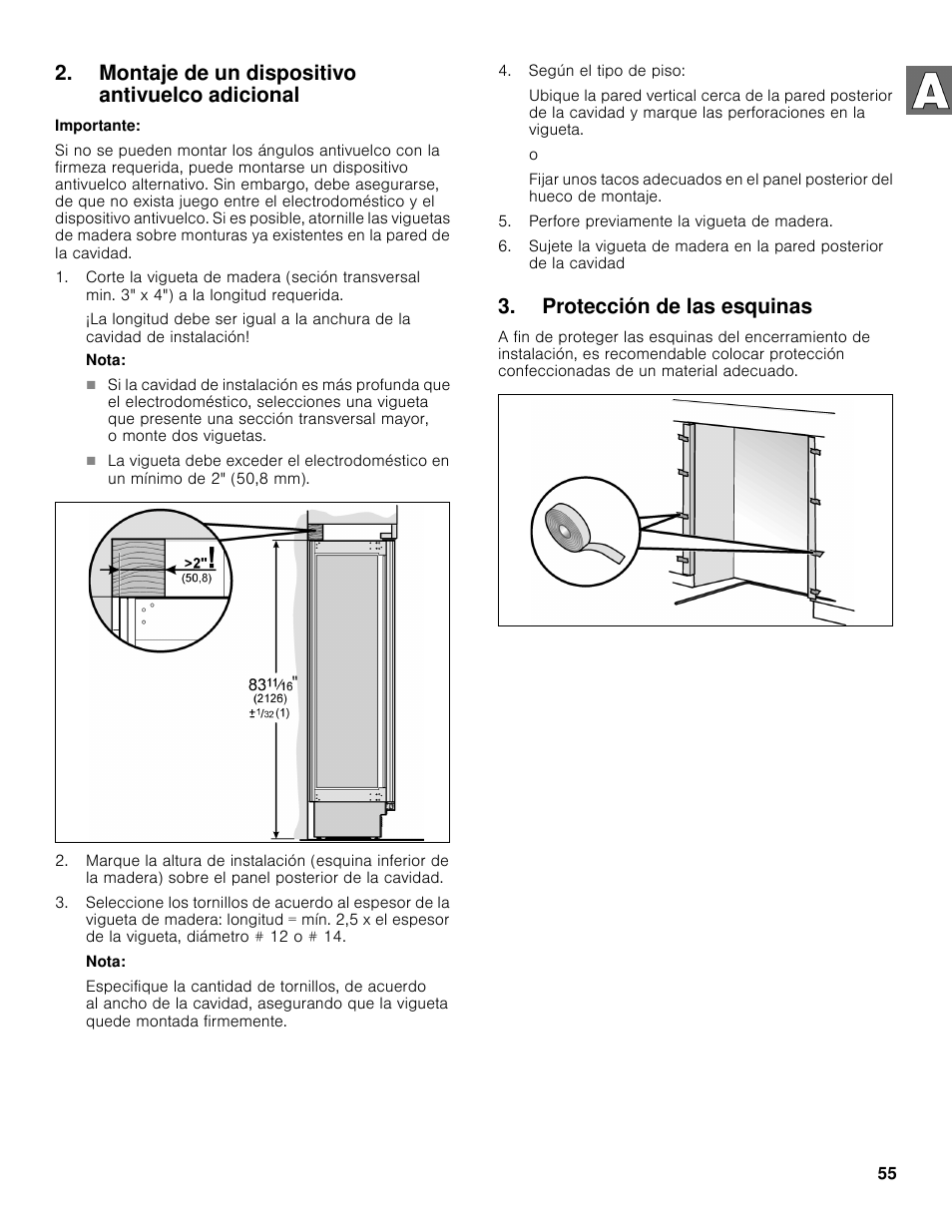 Montaje de un dispositivo antivuelco adicional, Protección de las esquinas | Bosch B36BT830NS User Manual | Page 55 / 64