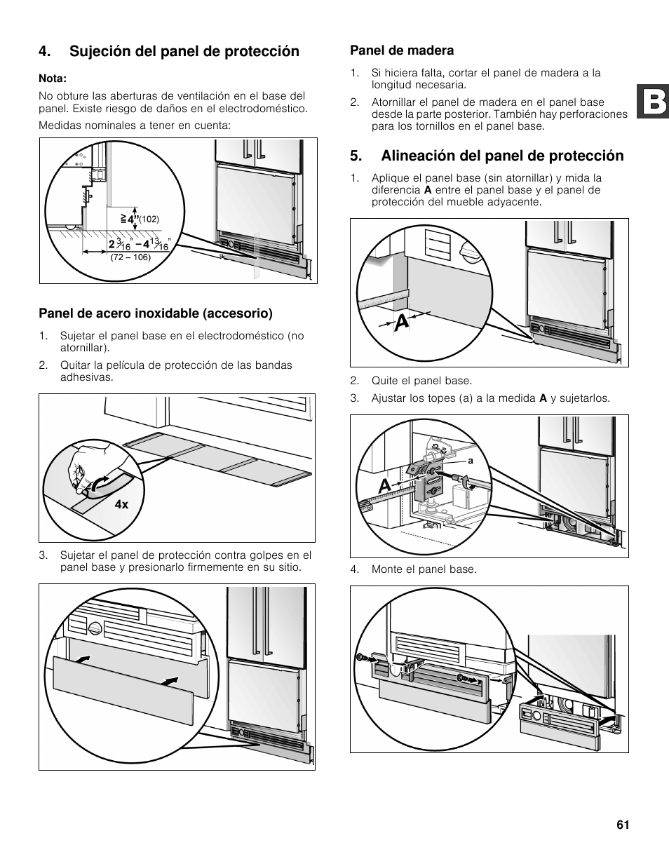 Sujeción del panel de protección, Alineación del panel de protección | Bosch B36BT830NS User Manual | Page 61 / 64