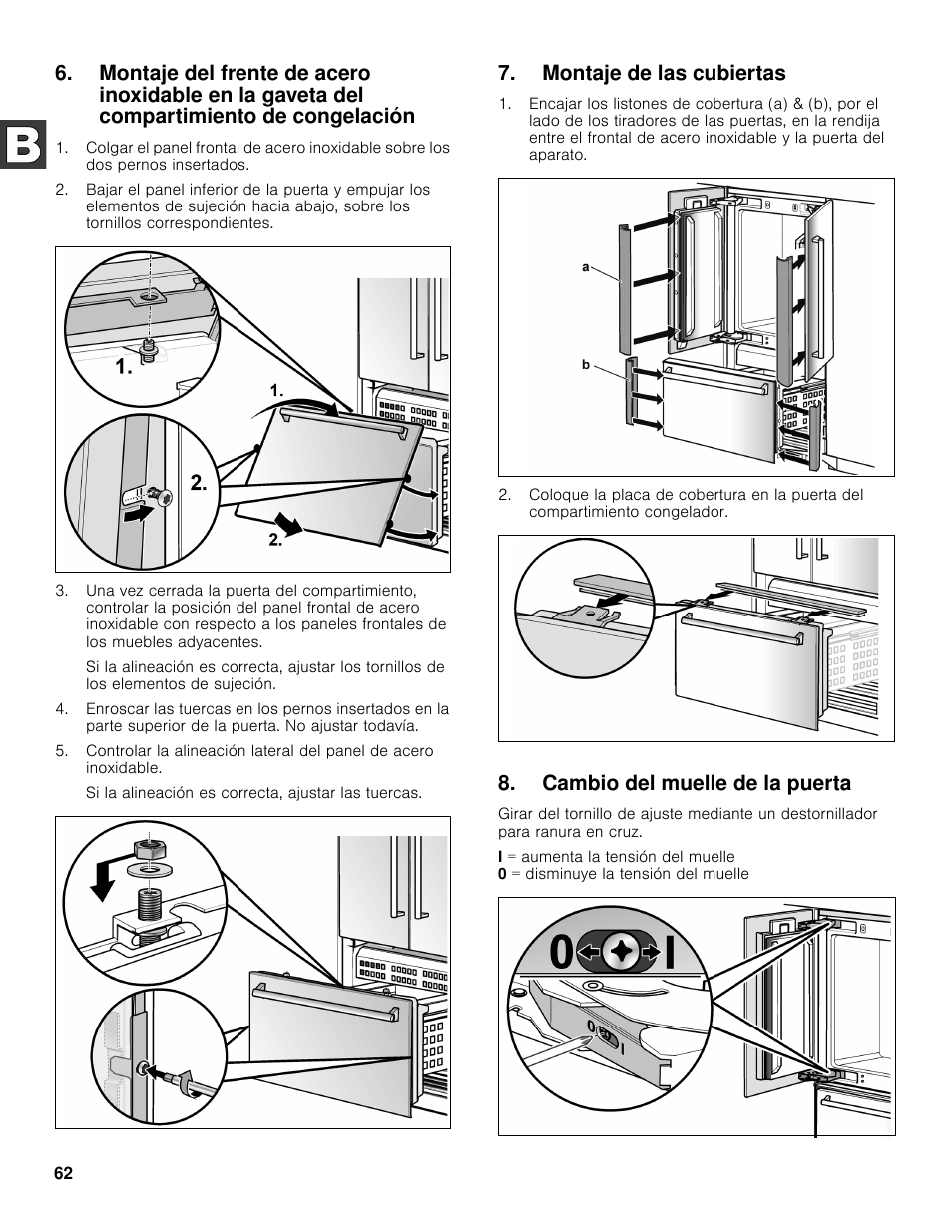 Montaje de las cubiertas, Cambio del muelle de la puerta | Bosch B36BT830NS User Manual | Page 62 / 64