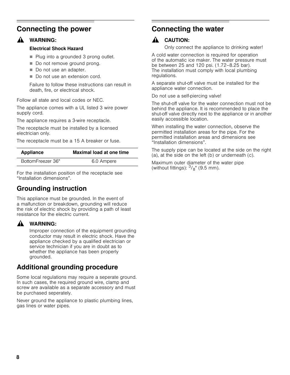 Connecting the power, Connecting the water, Grounding instruction | Additional grounding procedure | Bosch B36BT830NS User Manual | Page 8 / 64