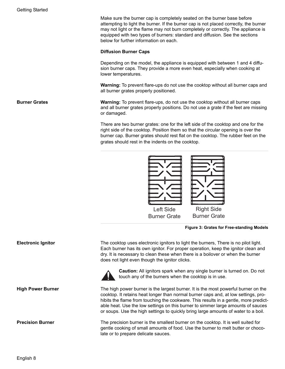 Burner grates, Figure 3: grates for free-standing models, Electronic ignitor | High power burner, Precision burner | Bosch HGS7282UC User Manual | Page 12 / 56