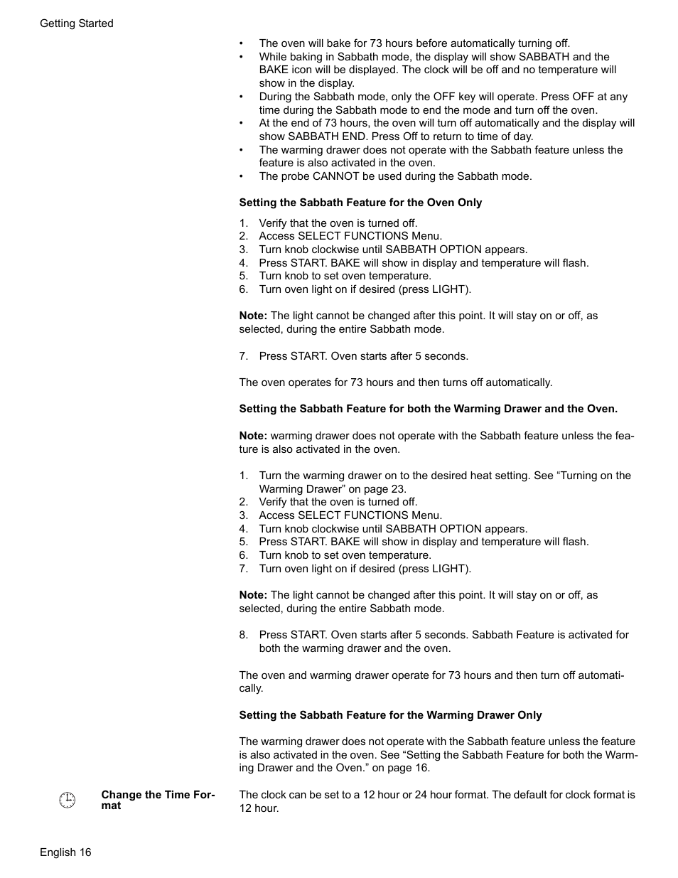 Verify that the oven is turned off, Access select functions menu, Turn knob clockwise until sabbath option appears | Turn knob to set oven temperature, Turn oven light on if desired (press light), Press start. oven starts after 5 seconds, Change the time format | Bosch HGS7282UC User Manual | Page 20 / 56