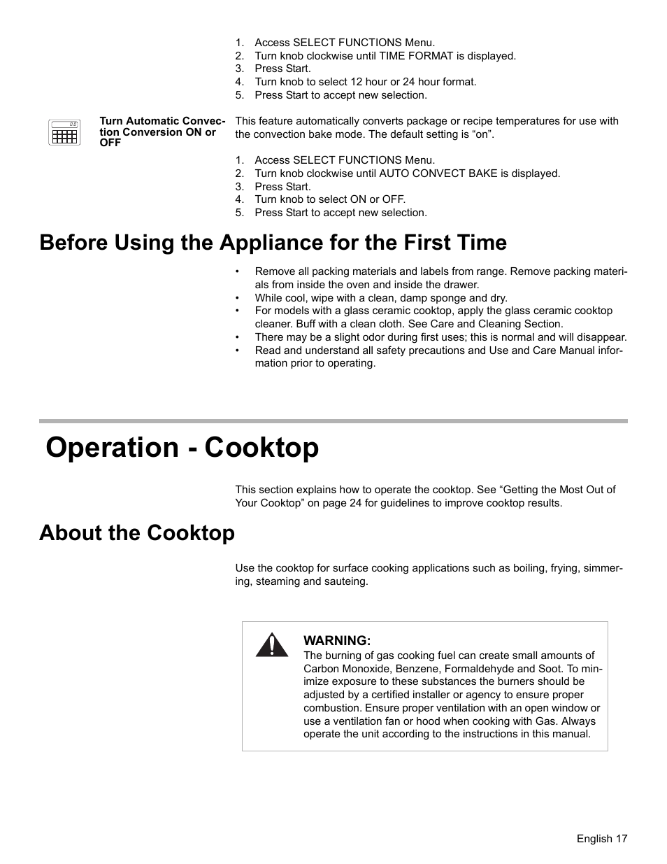 Access select functions menu, Turn knob clockwise until time format is displayed, Press start | Turn knob to select 12 hour or 24 hour format, Press start to accept new selection, Turn automatic convection conversion on or off, Turn knob to select on or off, Before using the appliance for the first time, Operation - cooktop, About the cooktop | Bosch HGS7282UC User Manual | Page 21 / 56