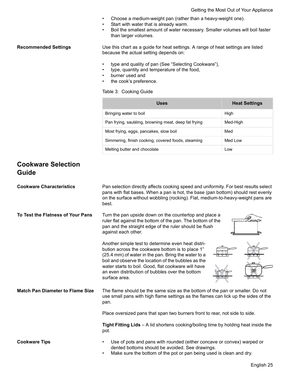 Recommended settings, Table 3: cooking guide, Cookware selection guide | Cookware characteristics, To test the flatness of your pans, Match pan diameter to flame size, Cookware tips | Bosch HGS7282UC User Manual | Page 29 / 56