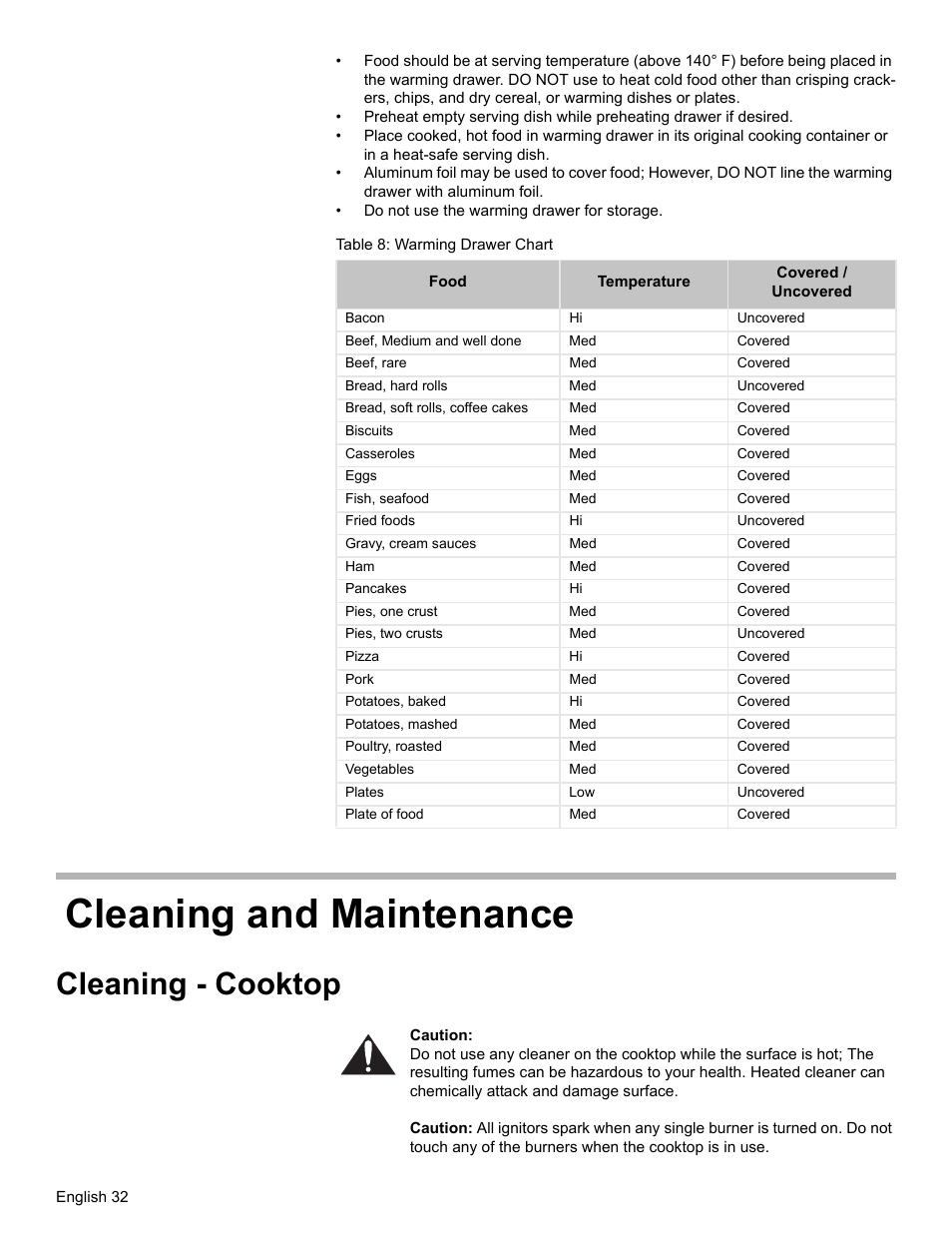 Table 8: warming drawer chart, Cleaning and maintenance, Cleaning - cooktop | Bosch HGS7282UC User Manual | Page 36 / 56