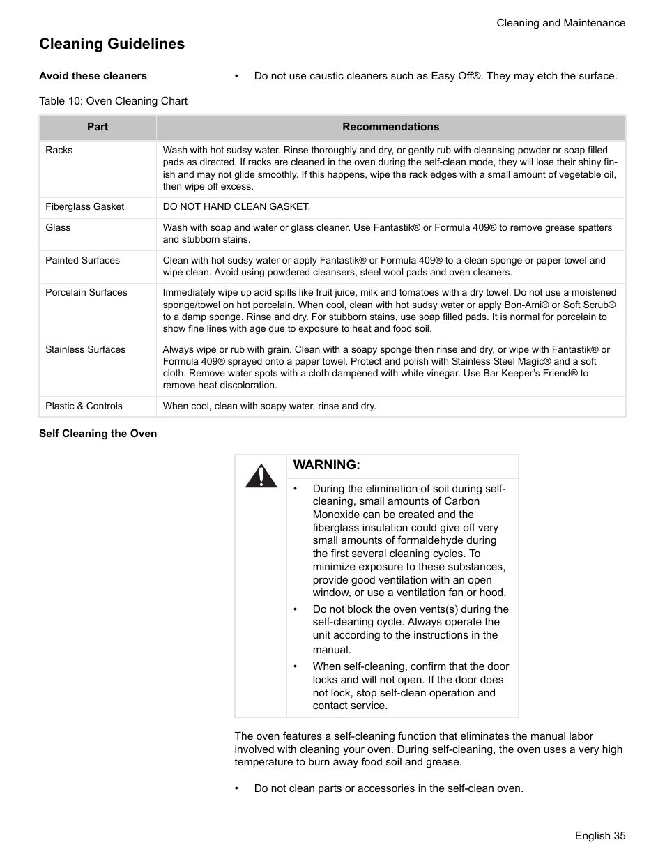 Cleaning guidelines, Avoid these cleaners, Table 10: oven cleaning chart | Self cleaning the oven | Bosch HGS7282UC User Manual | Page 39 / 56