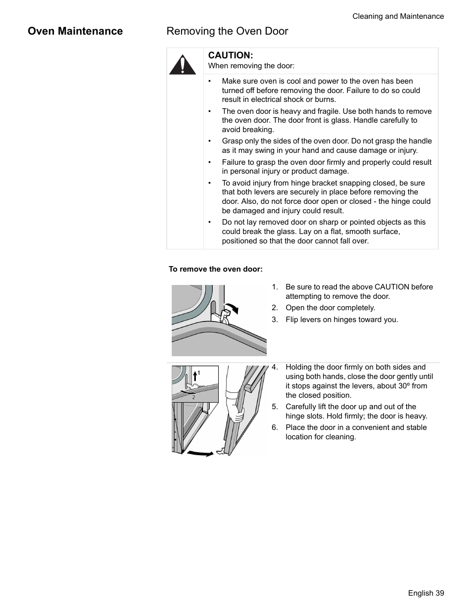 Oven maintenance, Open the door completely, Flip levers on hinges toward you | Oven maintenance removing the oven door | Bosch HGS7282UC User Manual | Page 43 / 56