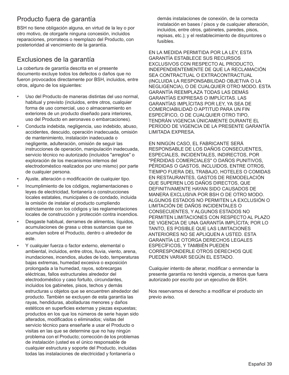 Producto fuera de garantía, Exclusiones de la garantía | Bosch HSLP451UC User Manual | Page 114 / 116