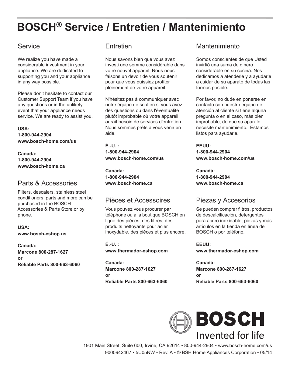 Bosch, Service / entretien / mantenimiento | Bosch HSLP451UC User Manual | Page 116 / 116