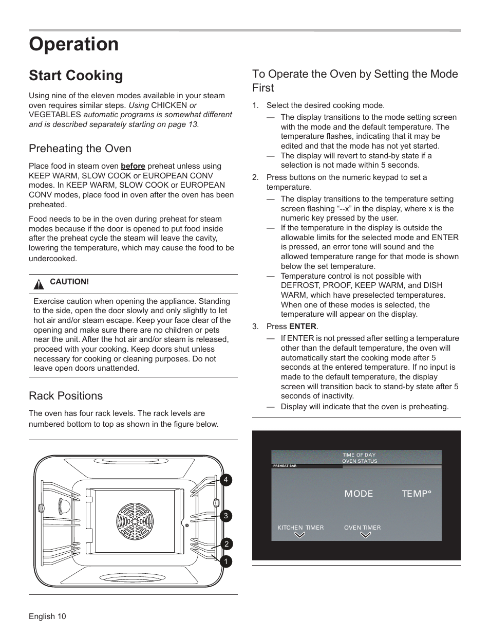 Operation, Start cooking, Preheating the oven | Rack positions | Bosch HSLP451UC User Manual | Page 12 / 116