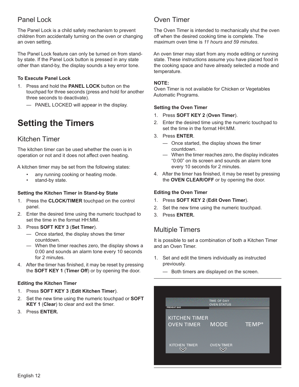 Setting the timers, Panel lock, Kitchen timer | Oven timer, Multiple timers | Bosch HSLP451UC User Manual | Page 14 / 116