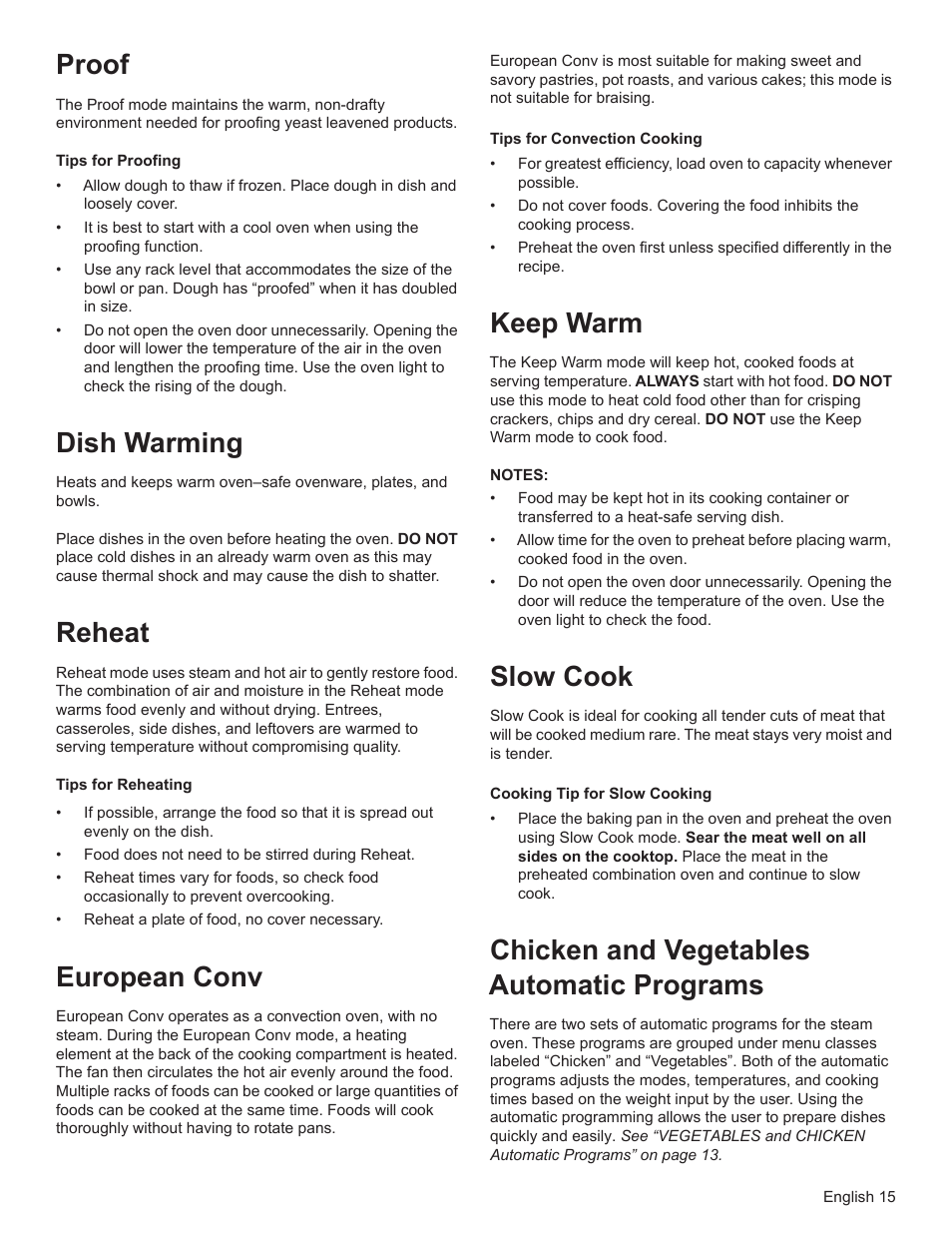 Proof, Dish warming, Reheat | European conv, Keep warm, Slow cook, Chicken and vegetables automatic programs | Bosch HSLP451UC User Manual | Page 17 / 116