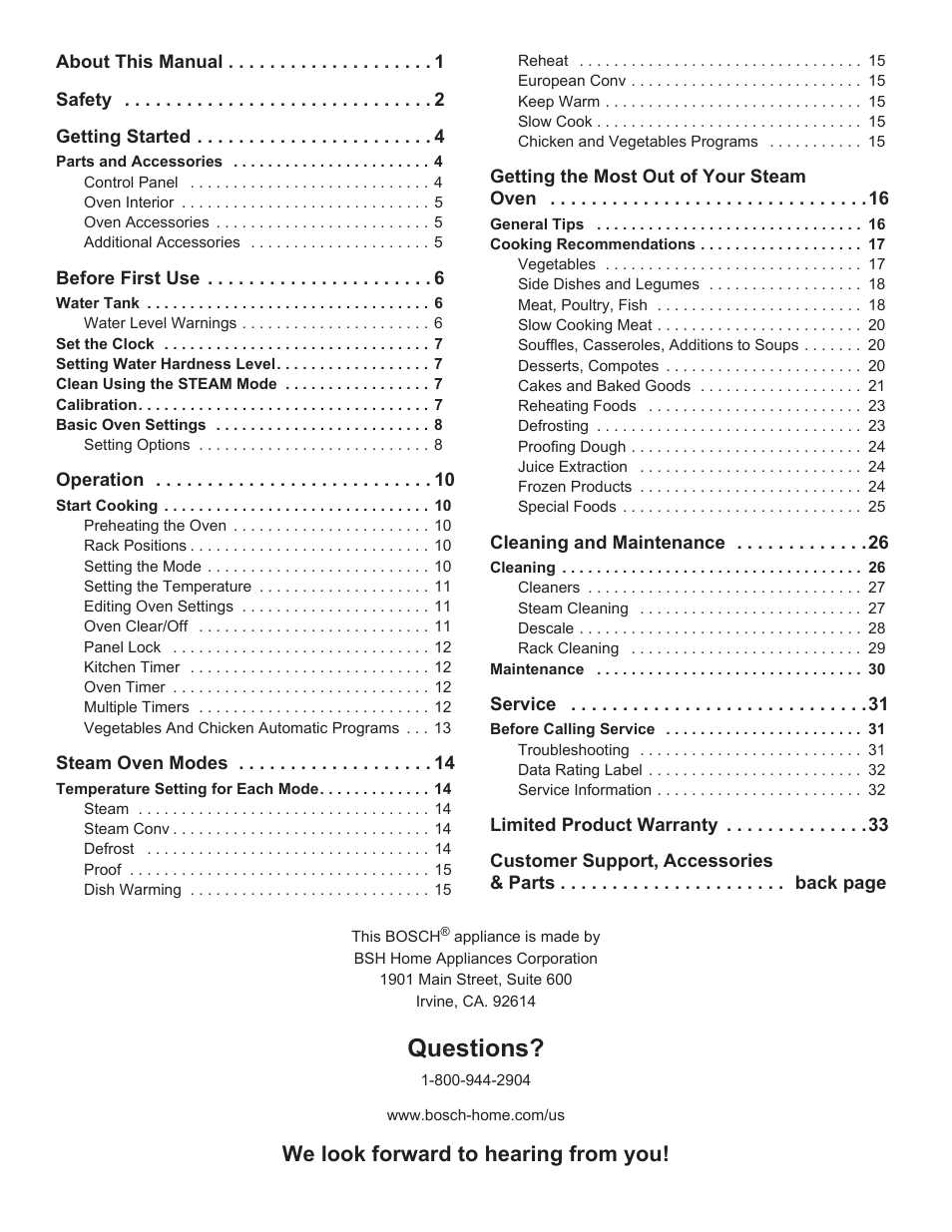 Questions, We look forward to hearing from you | Bosch HSLP451UC User Manual | Page 2 / 116