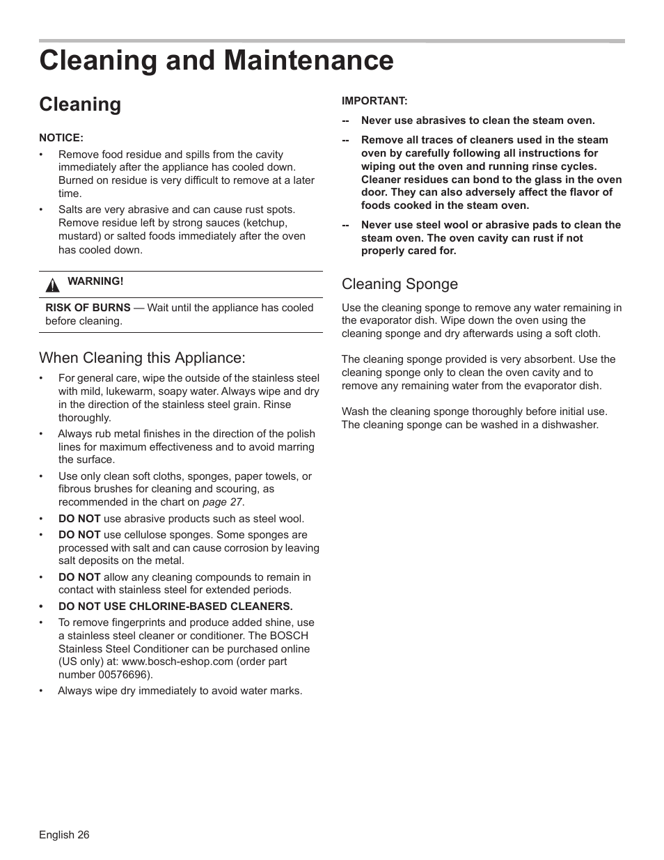 Cleaning and maintenance, Cleaning, When cleaning this appliance | Cleaning sponge | Bosch HSLP451UC User Manual | Page 28 / 116