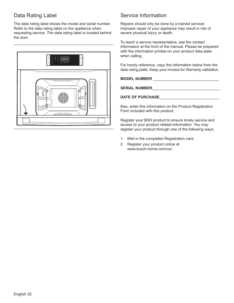 Data rating label, Service information | Bosch HSLP451UC User Manual | Page 34 / 116