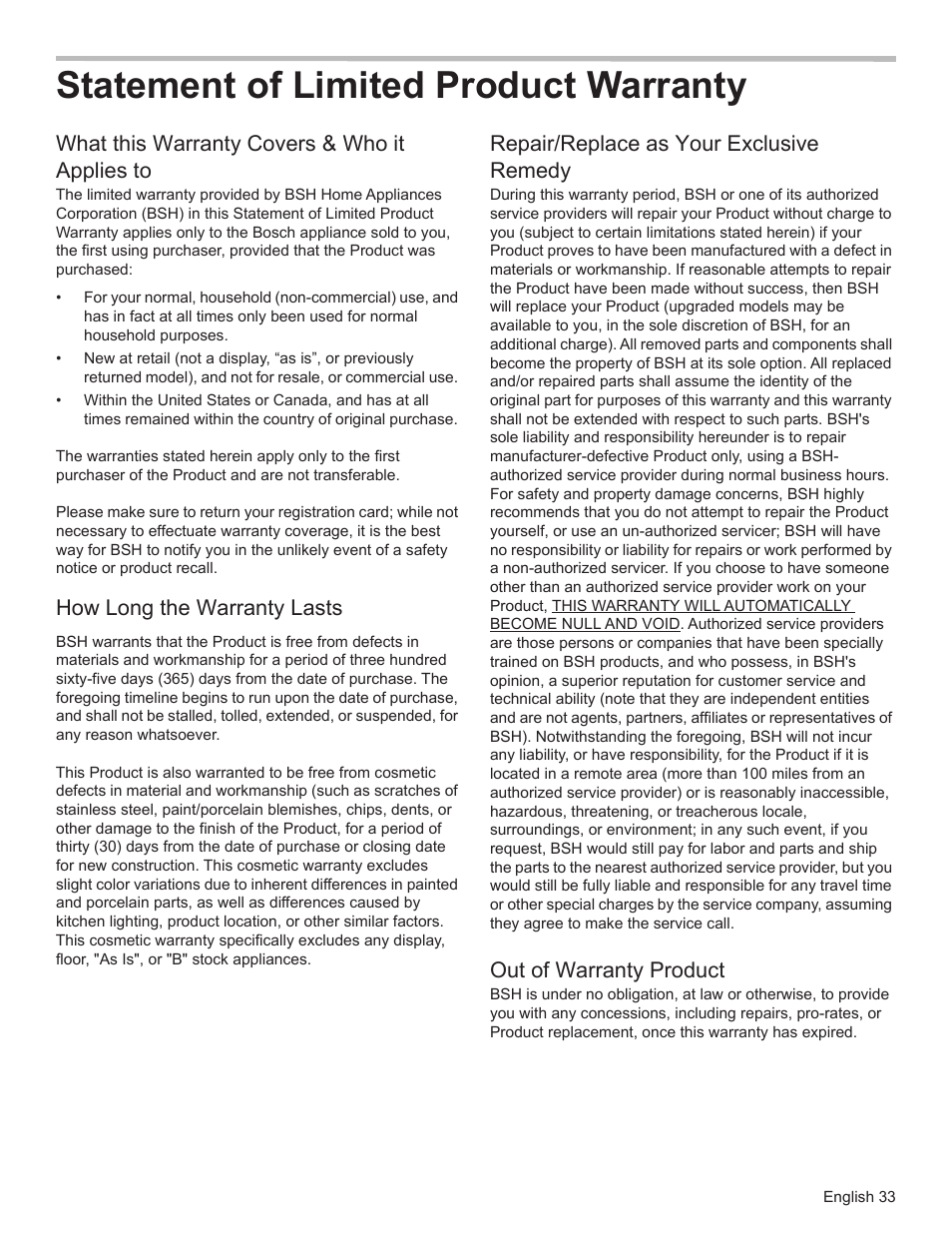 Statement of limited product warranty, What this warranty covers & who it applies to, How long the warranty lasts | Repair/replace as your exclusive remedy, Out of warranty product | Bosch HSLP451UC User Manual | Page 35 / 116